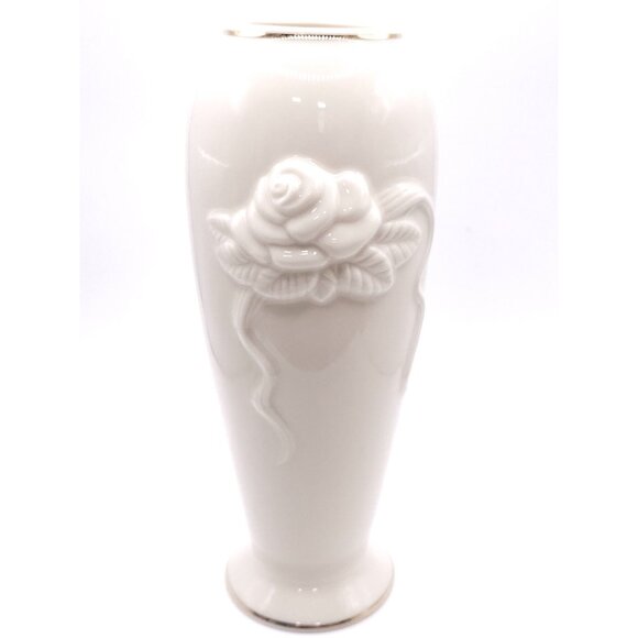 White Ceramic Vase With Rose Embossed Design & Gold Trim - Picture 7 of 11